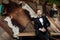 Charming groom holding his glasses looking away