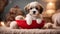 A charming Havanese puppy dog cozily nestled in a red bowl filled with plush toys