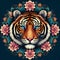 A charming head closeup of mandala tiger, flowers arounds, elegance, aesthetic, beauty, 3D digital art, logo, sticker, animal