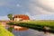 Charming house by river in sunrise sunshine