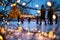 charming ice rink illuminated by twinkling lights, where children are learning to ice skate under the guidance of their