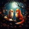 A charming illustration of a friendly fox and a wise owl conversing in a moonlit clearing by AI generated
