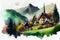 A charming illustration of a green village surrounded by mountains, creating a peaceful and idyllic scene