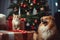 A charming image featuring pets interacting with Christmas gifts under the tree, portraying the inclusion of furry family members