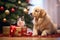 A charming image featuring pets interacting with Christmas gifts under the tree, portraying the inclusion of furry family members