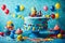 A charming image featuring a round kids\\\' birthday party cake with a delightful blue theme.