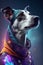 In a charming and imaginative illustration, a dog wearing galaxy fashion is portrayed with a sense of playful wonder and fun,