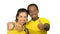 Charming interracial couple wearing yellow football shirts giving thumbs up to camera, white studio background