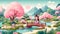 A charming Japanese girl stands on a bridge in a Japanese spring forest garden with a pink tree and a pond. Generated AI