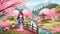 A charming Japanese girl stands on a bridge in a Japanese spring forest garden with a pink tree and a pond. Generated AI