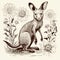 Charming Kangaroo Illustration With Wild Flowers In Wood Engraving Style