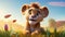 A Charming Kid\\\'s Illustration of a Cute Lion Roaming in the Full Bloom of the Savannah