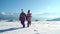 Charming kids in outwear running on snowy terrain with beautiful mountains on background in sunshine