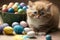 Charming kitten and Easter eggs painted in bright colors Happy Easter holiday illustration generative ai