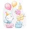 Charming kitty in a festive cap with balloons and a bunch of gifts. Children\\\'s cartoon illustration with colored pencils