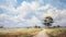 Charming Landscape Painting: Winding Path, Clouds, And Nature