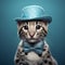 Charming Leopard Kitten In Blue Hat And Bow Tie - Photobashing Art