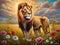 A charming lion in a meadow with wild flowers, beautiful sky and clouds, a painting, wallart design, animal creatures, nature