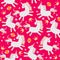 Charming little unicorns frolic among strawberries, pink hearts and stars on  red background in vector. Print for fabric