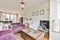 Charming living room with corduroy purple sofa