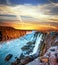 Charming magical view with famous waterfall Selfoss in Iceland at sunrise. Exotic countries. Amazing places. Meditation,