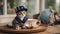 A charming Maine Coon kitten with a comical expression, sitting next to a teacup, and mini sailboat wearing sailor hat