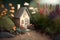 A charming miniature house amidst blooming garden flowers, captured in close-up with depth of field. Generative AI