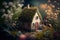 A charming miniature house amidst blooming garden flowers, captured in close-up with depth of field. Generative AI