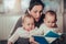 Charming mother showing images in a book to her cute twin babies