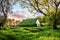 Charming mystical scene with turf roof church in old Iceland traditional style and mystical cemetery in Hof, Skaftafell,