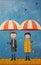 Charming Naive Art Painting: Two Young James Under A Single Umbrella