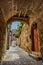 Charming narrow street in the old town of Rhodes, Greece