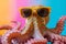 charming octopus in glasses with smart eyes, with tentacles that spread across. Funny octopus wearing sunglasses in studio with a