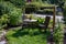 Charming outdoor seating area with a table and chairs in a green garden