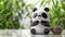 Charming panda toy next to a bamboo plant and pot.