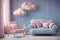Charming pastel baby room, blue wall, white sofa, pink accents