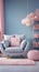 Charming pastel baby room, blue wall, white sofa, pink accents