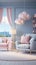 Charming pastel baby room, blue wall, white sofa, pink accents