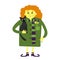 A charming red-haired witch in a green coat, a scarf and with a cat in her hands, toadstools sticking out of her pocket.