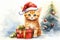 a charming red kitten in a Santa hat sits next to beautifully packed boxes