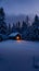 A charming, red-windowed cabin offers a warm refuge amidst a snow-covered forest, as twilight casts a soft blue ambiance