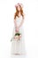 Charming redhead woman in dress holding flowers