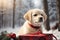 A charming retriever puppy frolics in a snowy Christmas forest.