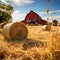 charming retro farm with red barn and bales of straw