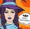 Charming retro witch in hat with message Happy Halloween. Vector girl in witch costume on orange background, pop art comic style