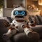 Charming robot plays games in virtual reality through VR glasses on the sofa with a fun and entertaining time in your