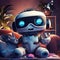 Charming robot plays games in virtual reality through VR glasses on the sofa with a fun and entertaining time in your