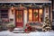 Charming rustic cottage with a cozy little store in snowy winter, displaying festive Christmas New Year decor