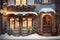Charming rustic cottage with a cozy little store in snowy winter, displaying festive Christmas New Year decor