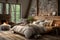 A charming rustic farmhouse bedroom with reclaimed wood furniture, cozy textiles, and vintage touches, epitomizing rustic charm